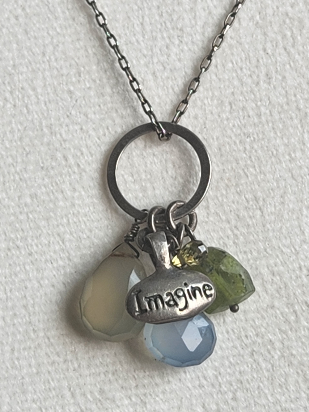 VTG Artisam 925 Sterling Silver Multi Gemstone IMAGINE Charm Necklace Boho